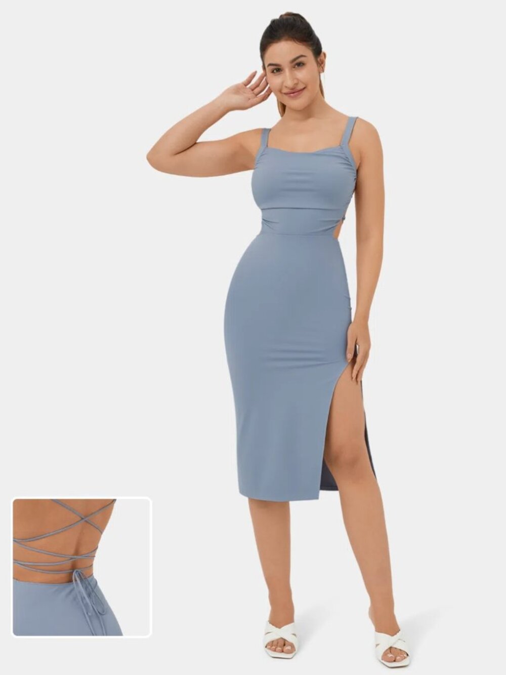 NWT Halara Ruched Lace Up Bodycon Midi Dress - Snowfake Blue - Size S